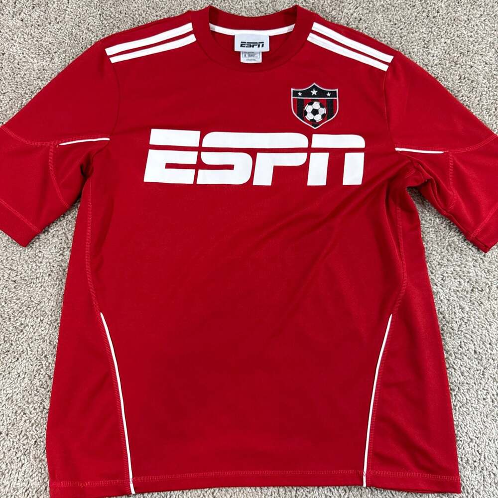 ESPN Soccer Jersey Red Athletic Training Futbol Graphic Mens Medium EUC